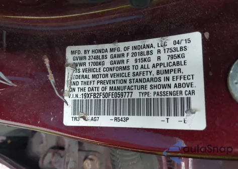 2015 Honda Civic Lx z USA, uszkodzony, nr VIN 19XFB2F50FE059777